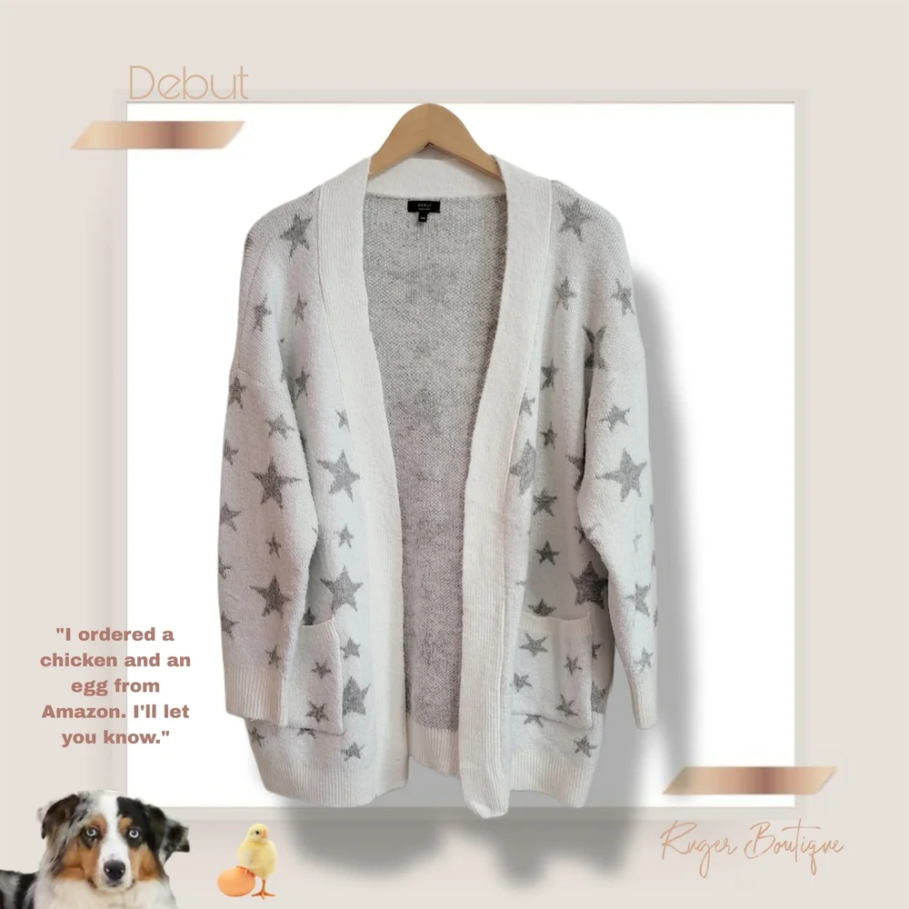 🌿DEBUT Star Fuzzy Cardigan | Oversized S/M | Off-White & Gray Boho Layers - Picture 12 of 13